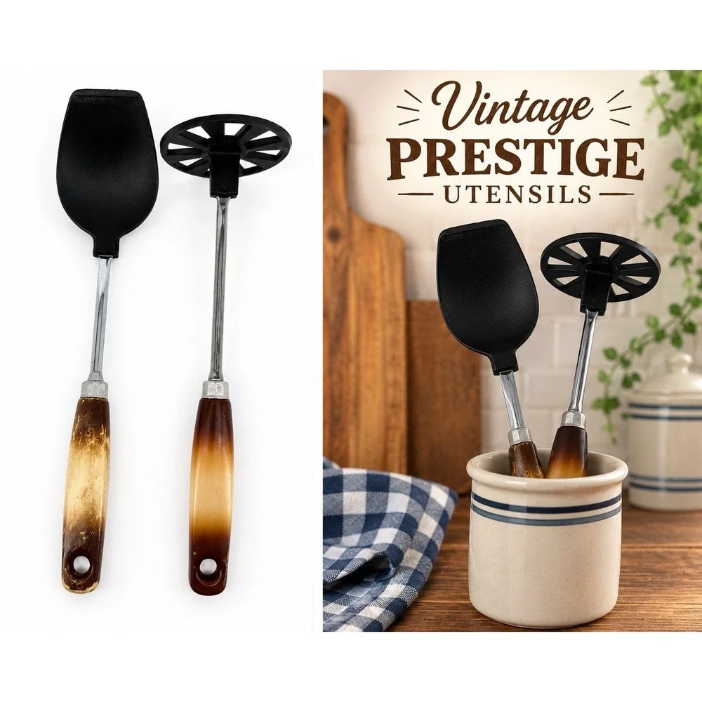 Vtg Prestige Nylon Kitchen Utensils Lot Spoon Potato Masher Brown Rustic Handles